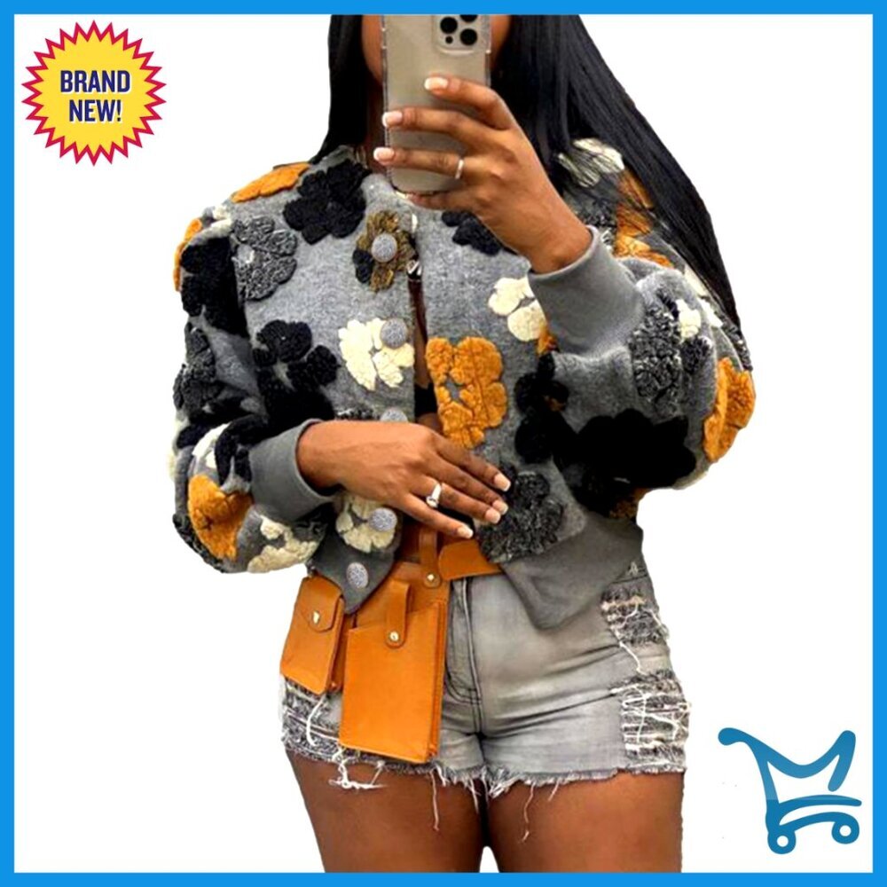 Women's Floral Print Cropped Bomber Jacket Long Sleeve Fleece Shacket